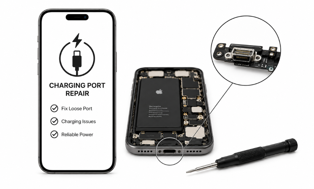 Technician replacing a loose smartphone USB-C charging port dock assembly in Woodbridge Ontario